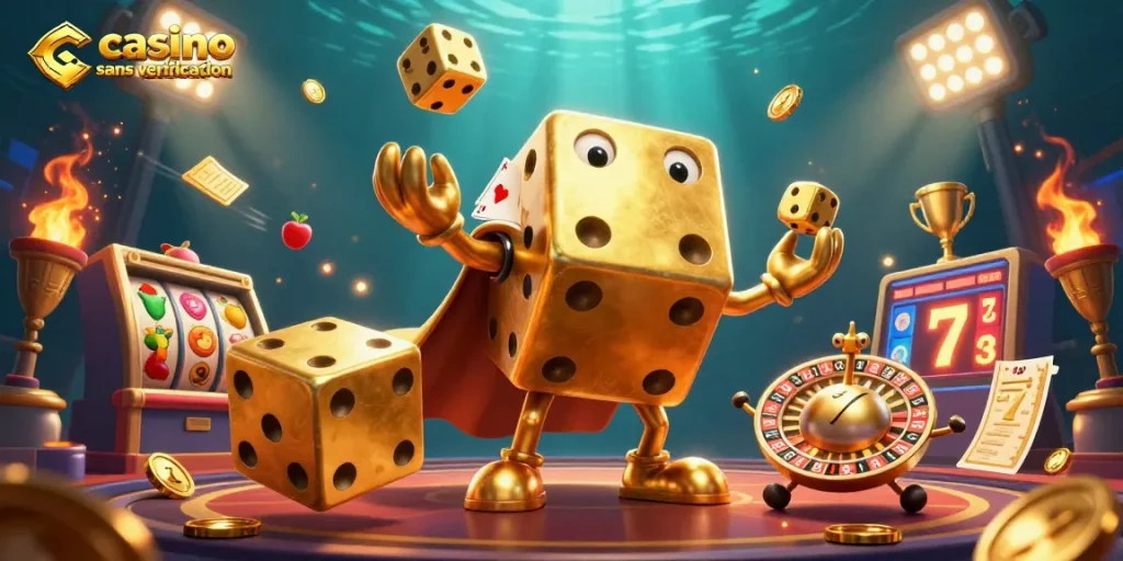 Découvrez un univers de jeu captivant avec un casino sans vérification, mettant en avant des dés dorés et des éléments d'excitation.