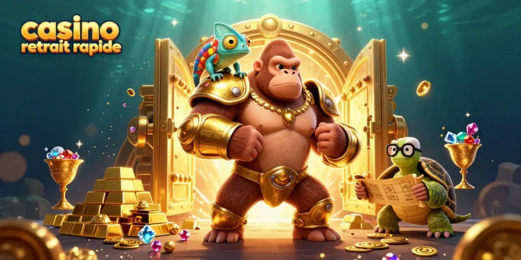 Retrait rapide au casino : Illustration dynamique avec roi gorille, caméléon et tortue, enrichie d’éléments de casino.
