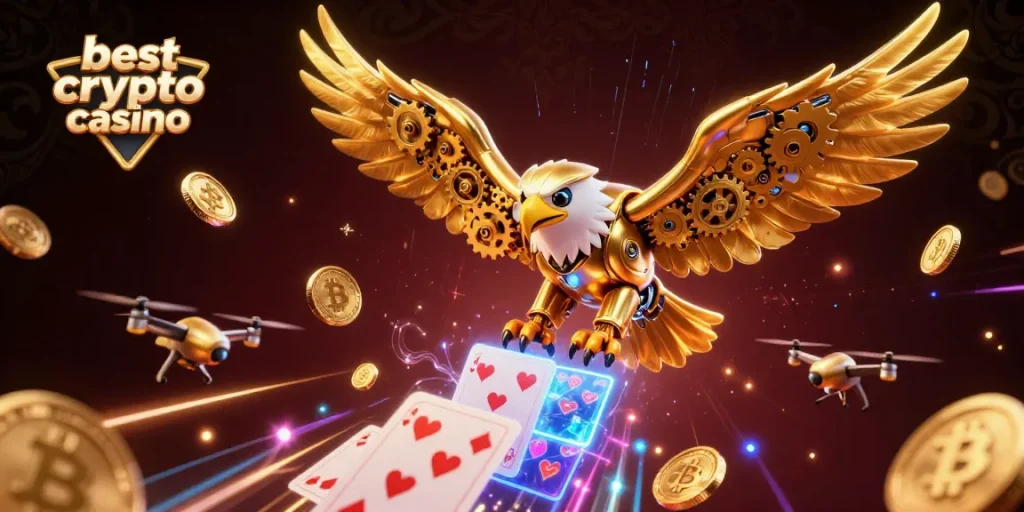 Illustration dynamique du meilleur casino crypto, mettant en avant des éléments de jeu et des cartes holographiques.