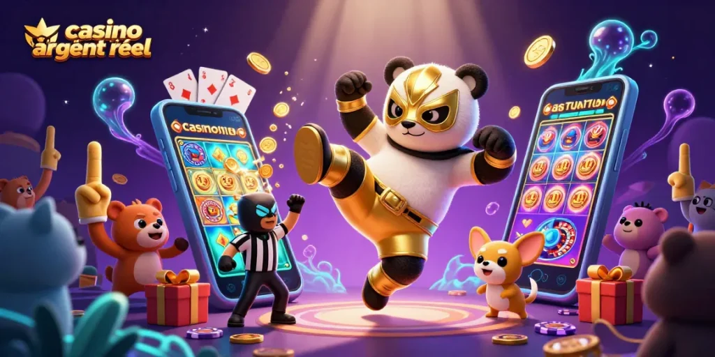 Vendez des gains avec un panda lutteur dans un match palpitant sur casino en ligne argent réel.