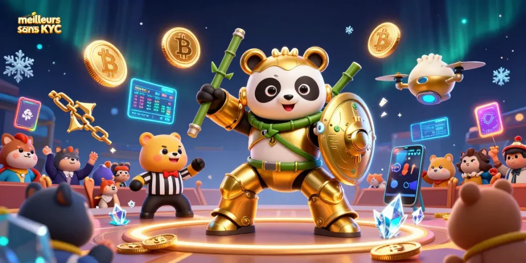 Illustration dynamique des meilleurs casino sans KYC avec un panda en armure et des éléments de jeux de crypto-monnaie.