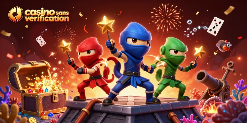 Les ninjas caméléons dans un casino sans vérification, combattant avec des étoiles dorées et des trésors sous-marins.