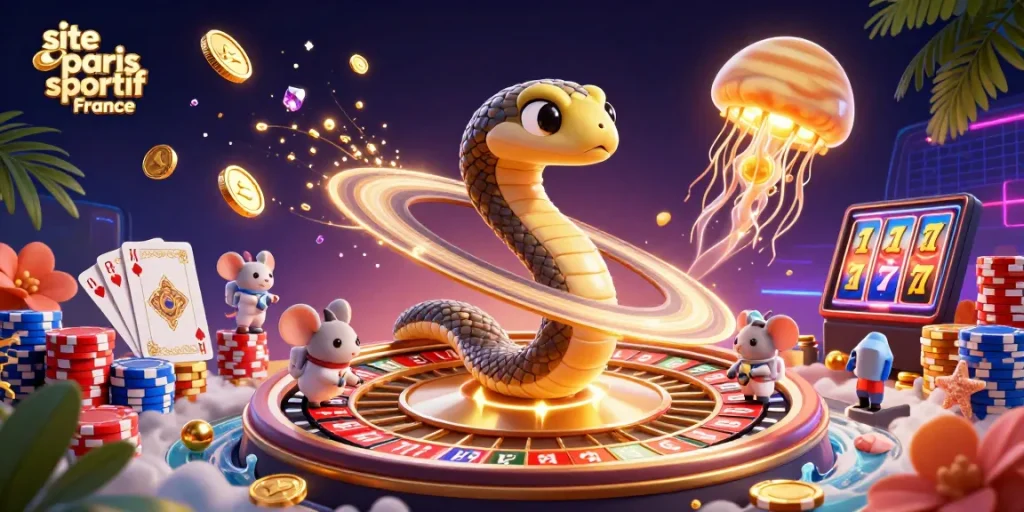 Pariez sur site paris sportif France avec un serpent de Saturne et l'ambiance d'un casino cosmique.