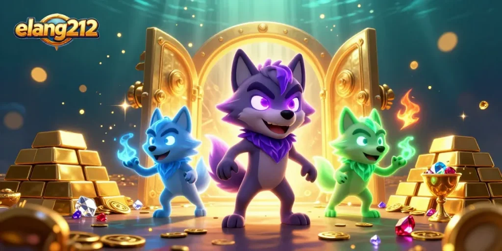 Experience excitement with elang212 in a dynamic casino scene featuring spectral wolves and treasure.
