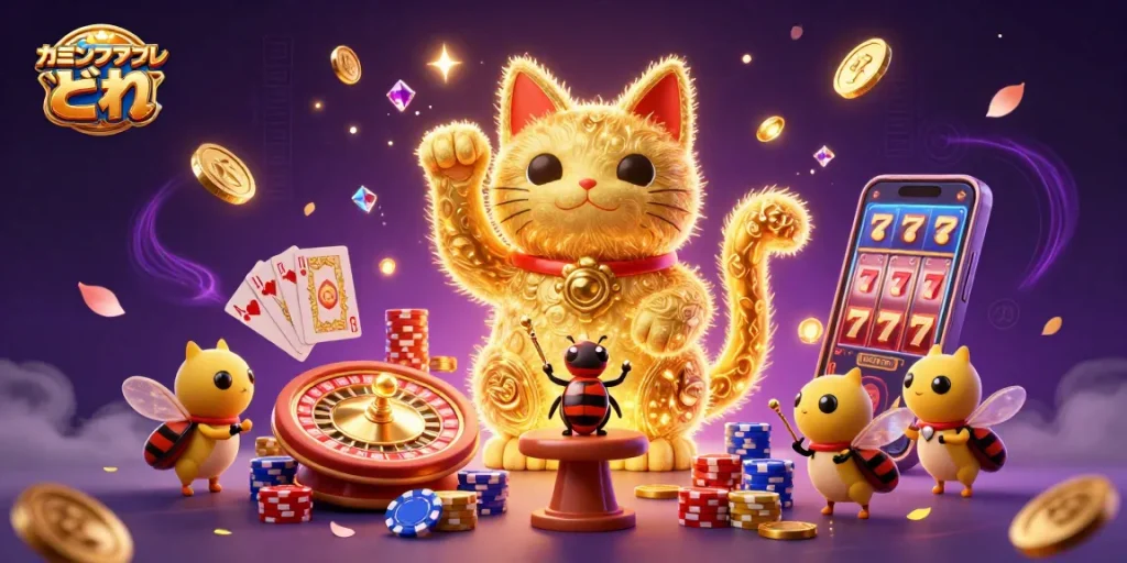 オンラインカジノアプリで幸運の猫がカジノシンボルを手振りし、賑やかなコインと宝石が舞うシーン。