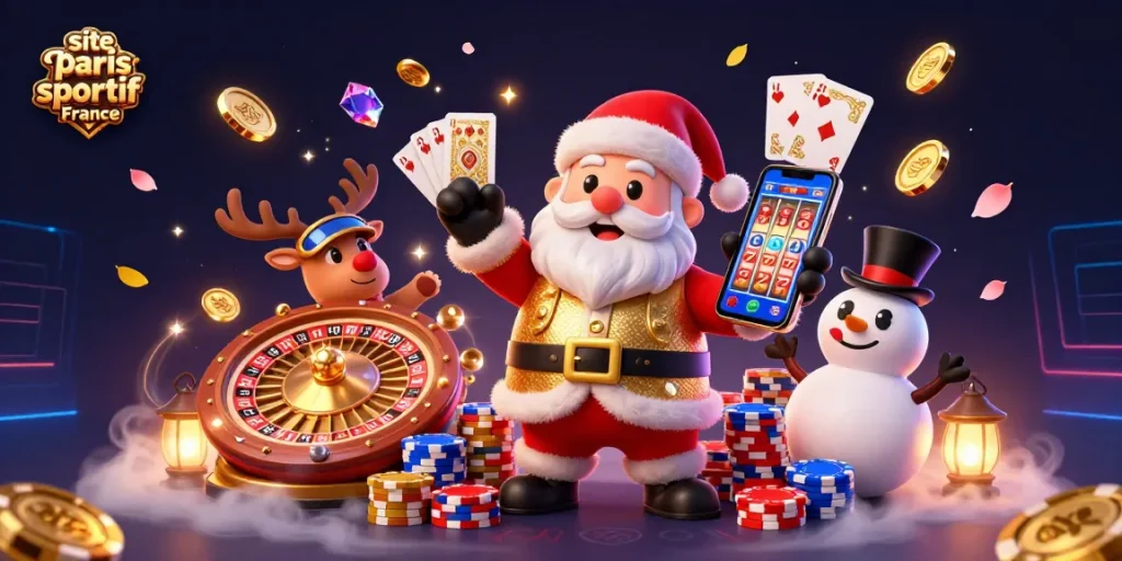 Les personnages de Noël s'amusent dans un site paris sportif France, entourés de jeux et de billets.