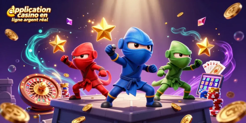 Application casino en ligne argent réel : chameaux ninjas en action sur un toit, éparpillant des jetons dorés.