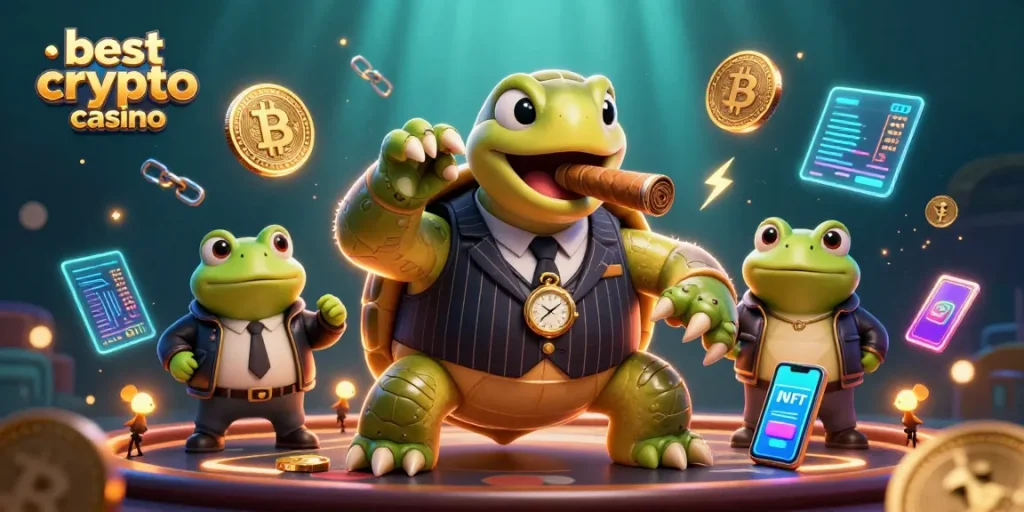 Jouez au meilleur casino crypto avec une scène dynamique de tortue et de grenouilles dans un cadre captivant.