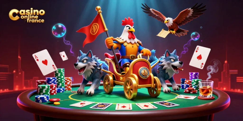 Découvrez une scène captivante de jeu sur casino en ligne France avec un coq guerrier et des éléments de poker.