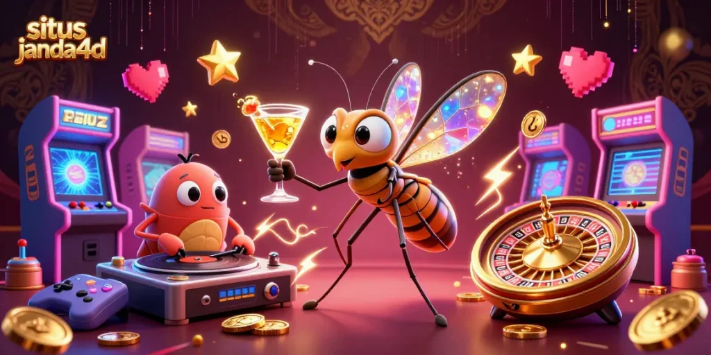Ilustrasi kasino 3D menarik di situs janda4d, menarik pemain dengan elemen permainan.
