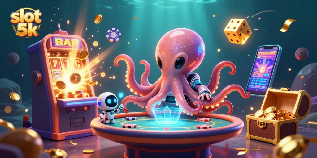 Engage with slot 5k thrills as a cosmic octopus orchestrates a holographic casino scene.