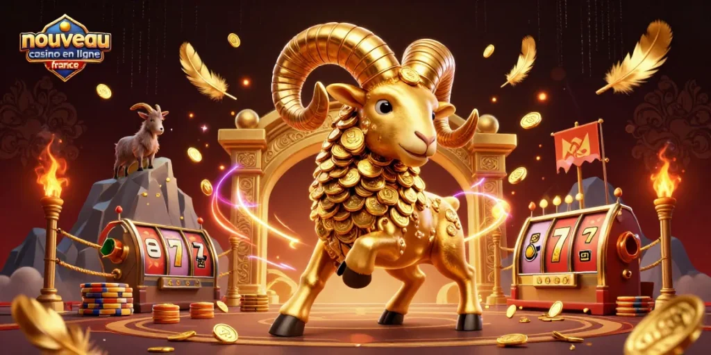 Vivez l'expérience d'un nouveau casino en ligne en France avec un bélier doré rempli de pièces et d'éléments de jeu fascinants.