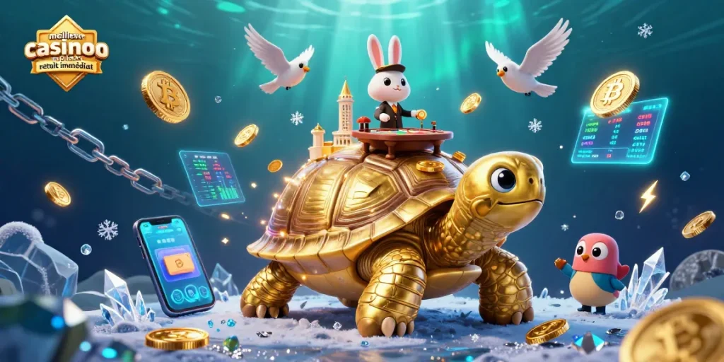 Rejoignez le meilleur casino en ligne retrait immédiat avec une tortue d'or et un croupier aux cartes.