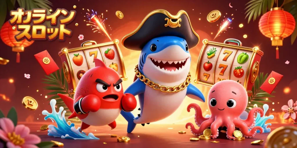 オンラインカジノスロットでスロットリールと富のシンボルを持つ海のキャラクターたち