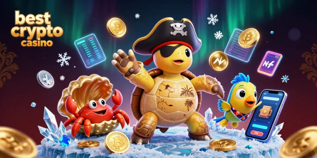 Jouez dans le meilleur crypto casino avec une tortue pirate et des pièces de crypto-monnaie.